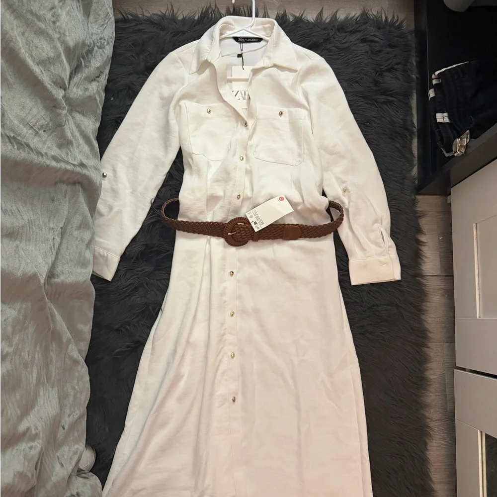 Zara White Long Sleeve Button-Front Shirt Dress with Brown Woven Belt - Picture 5 of 7